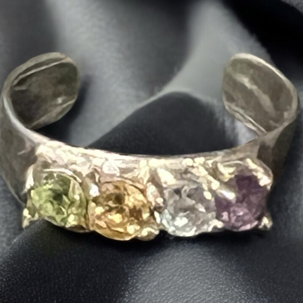 Vintage Sterling Silver Adjustable Rainbow Gemstone Ring Women's Jewelry